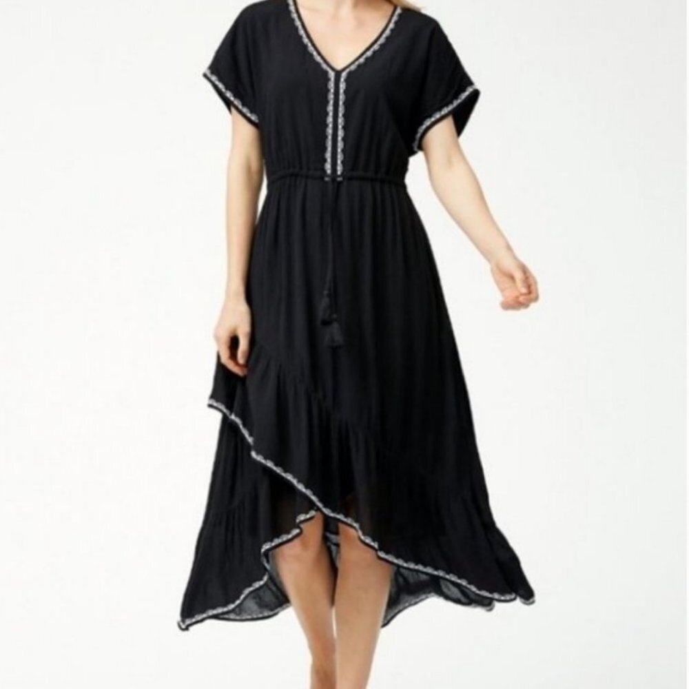 TOMMY Bahama Black Crinkle Rayon Tiered Dress XXS
